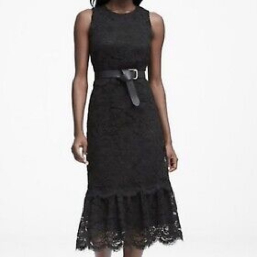 Banana Republic Lace Sleeveless Black Midi Dress with Ruffle Hem- 8